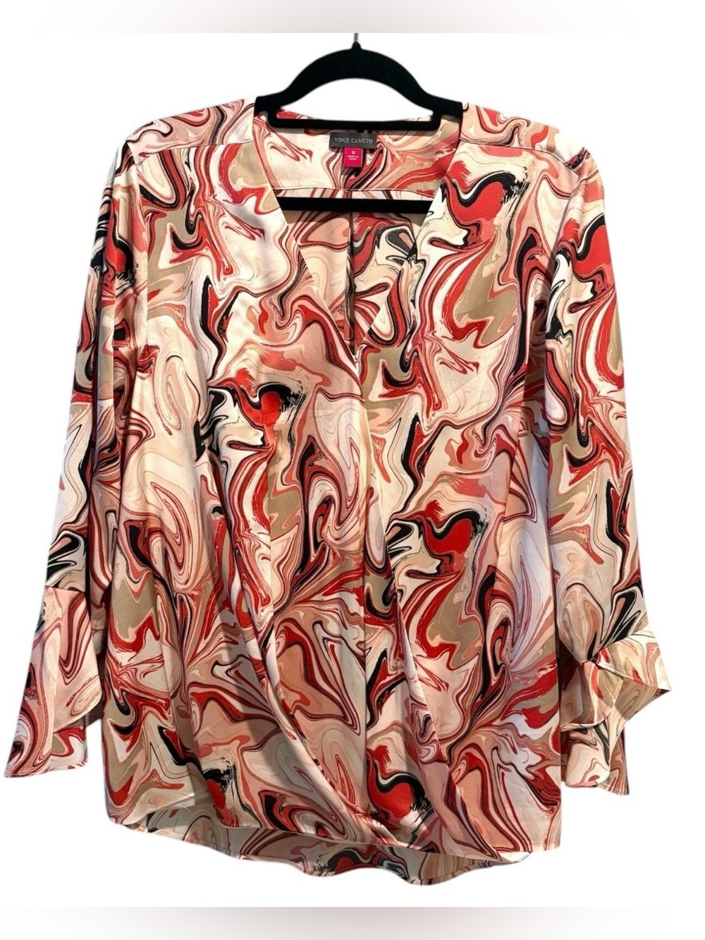 Vince Camuto Red Sepia Marble Ruffle Cuff Faux Wrap Blouse XL Satin Boho Swirl